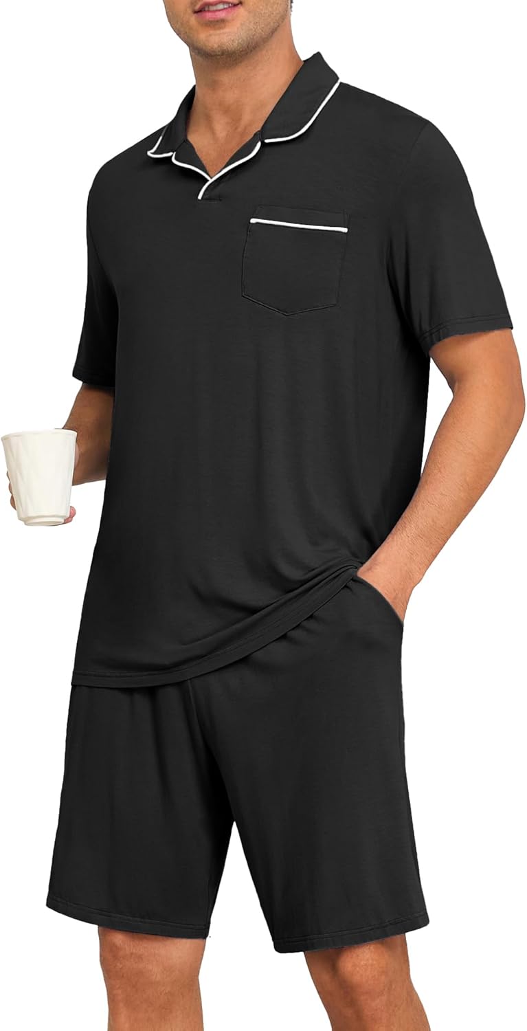 Mens Pajamas Set Summer Pjs Sets Lightweight Short Sleeve Pajama Soft Sleepwear Loungewear with Pockets