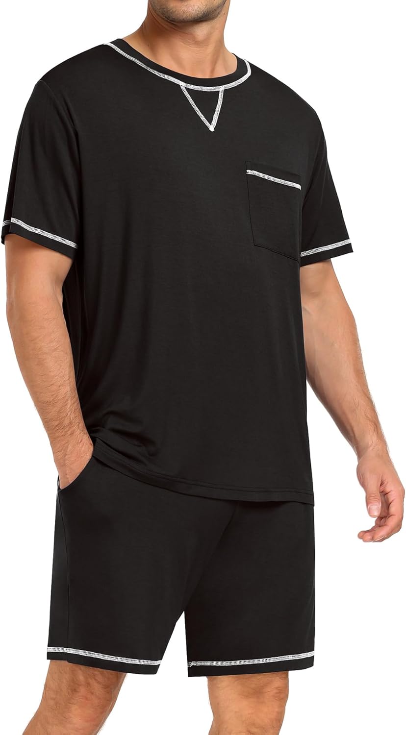 Men Modal Pajamas Set Comfy Sleepwear Short Sleeve Pjs Set Soft 2 Piece Lounge Set Cozy Nightwear with Pockets