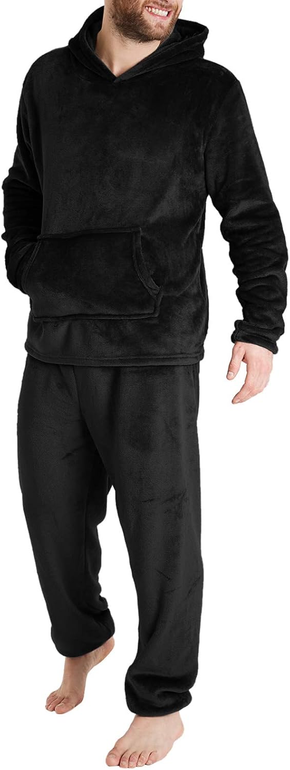 Mens Pajamas Set Flannel Fuzzy 2 Piece Lounge Set Thermal Outfit Fleece Loungewear Hoodies With Pockets Casual Pants