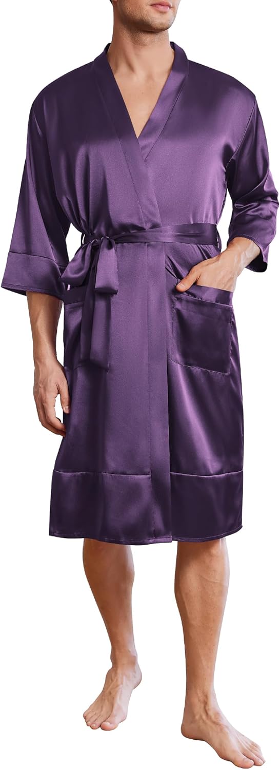 Mens Satin Robe Lightweight Silky Kimono Bathrobe 3/4 Sleeve Spa Knee Length Loungewear with Pockets S-3XL
