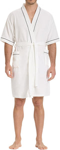 Waffle Knit Robe for Men, Short Lightweight Bathrobe with Kimono & Pockets, Short-Sleeves Summer Loungewear for Spa