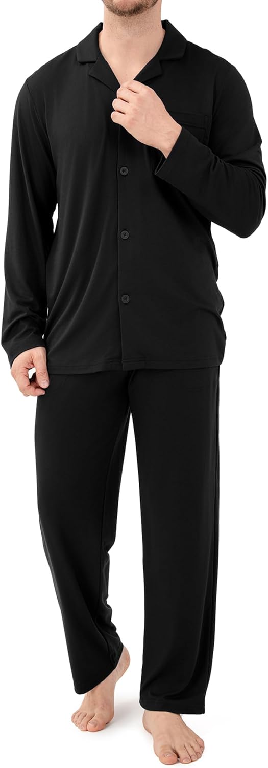 Mens Pajamas Set Soft Cotton Notched Collar Pajamas for Men Long Sleeve Mens Sleepwear with Pockets & Front Fly