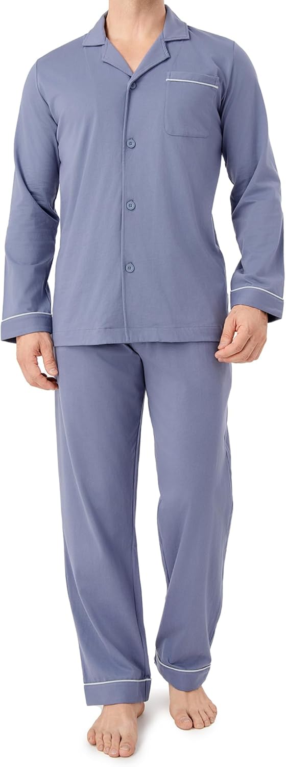 Mens Pajamas Set Soft Cotton Notched Collar Pajamas for Men Long Sleeve Mens Sleepwear with Pockets & Front Fly