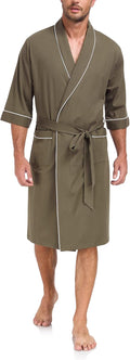 100% Cotton Men's Bathrobes Mens Lightweight Cotton Robe Soft Comfort 3/4 Sleeve Summer Kimono