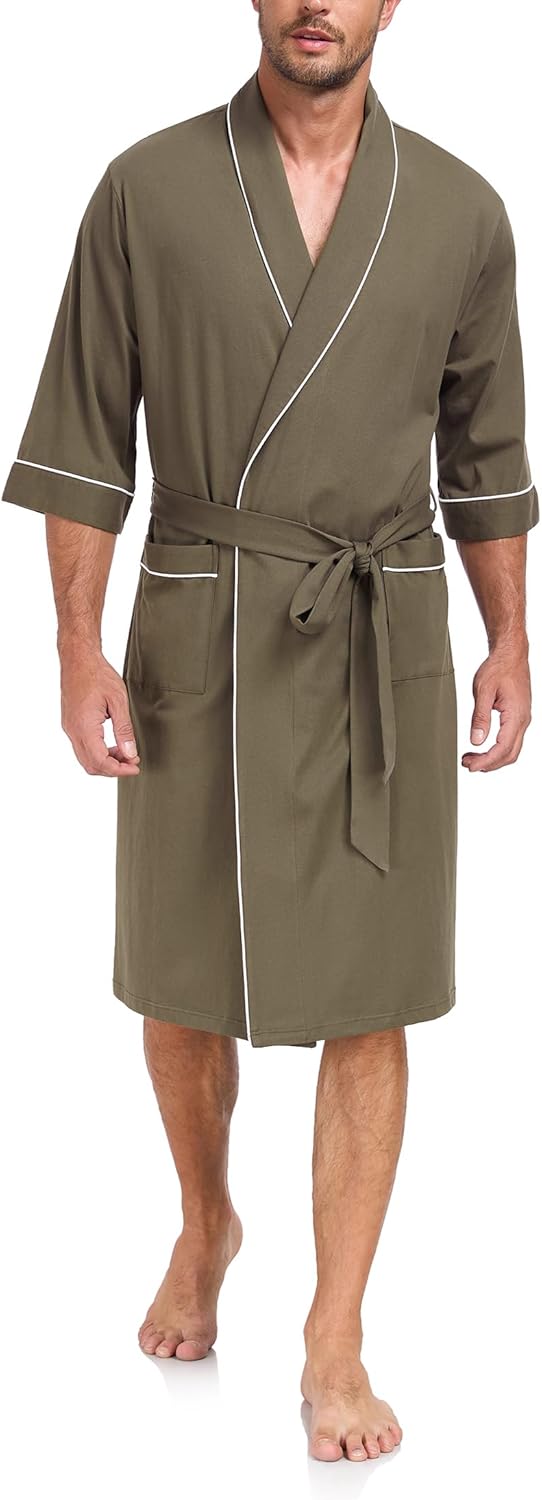 100% Cotton Men's Bathrobes Mens Lightweight Cotton Robe Soft Comfort 3/4 Sleeve Summer Kimono
