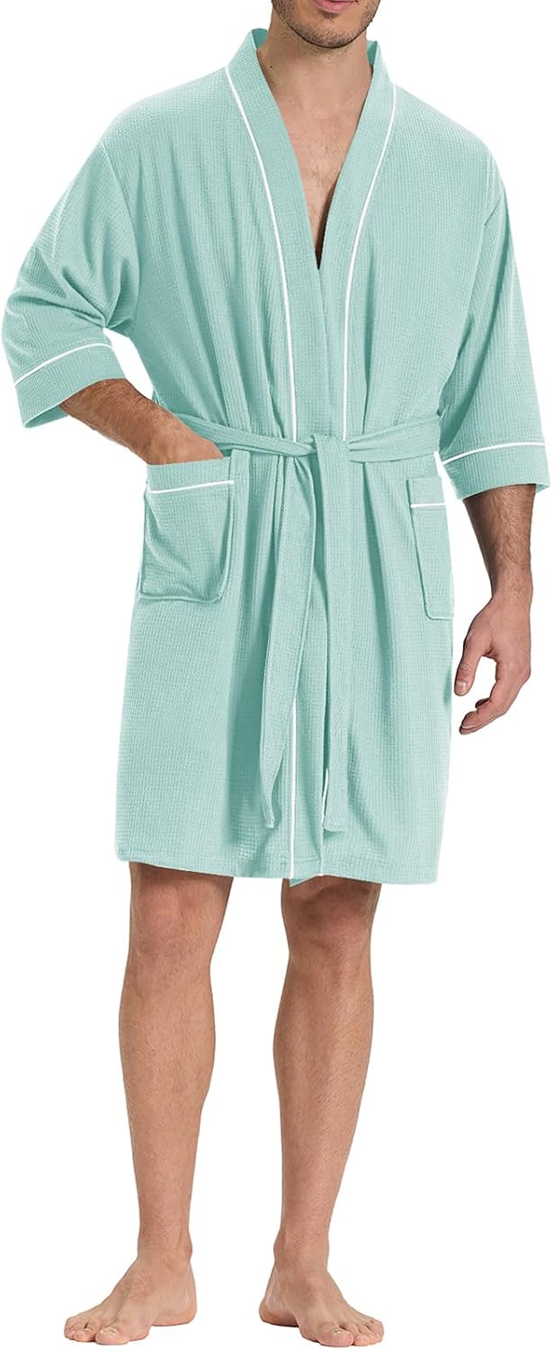 Men's Waffle Knit Robe for Summer, Short Lightweight Bathrobe with Pockets and Kimono, 3/4 Sleeves Loungewear for Spa