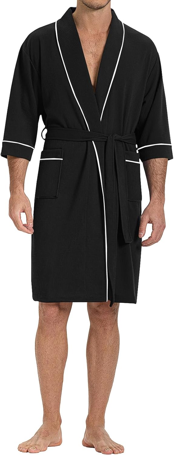 Men’s Waffle Knit Robe with Shawl Collar, Short Lightweight Bathrobe with Pockets, Perfect for Spa, Summer & Shower