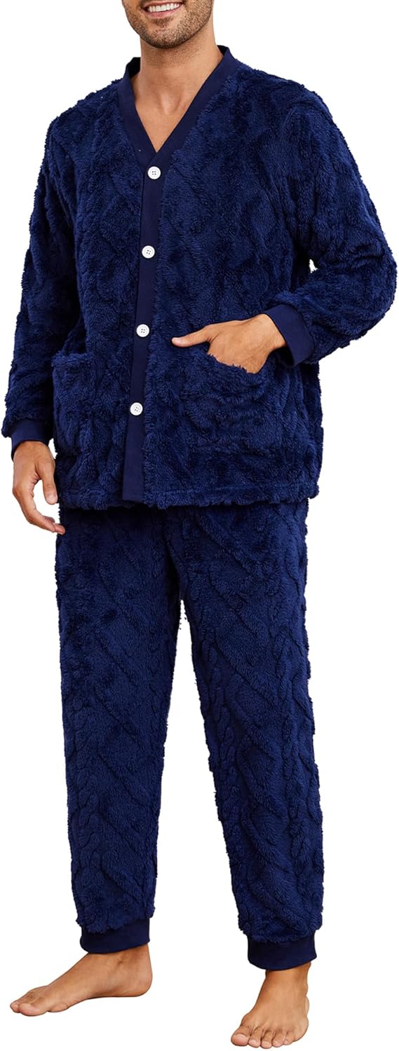 Mens Plush Warm Pajama Sets Soft Fluffy Long Fuzzy Sleepwear with Pockets Cozy Loungewear Pjs Set for Men