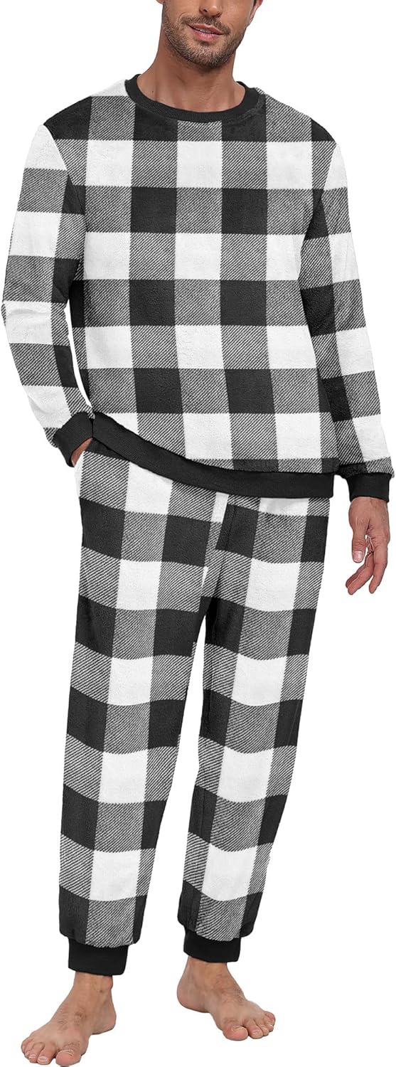 Men's Pajamas Set - Winter Coral Fleece Long Sleeve Tops and Bottoms,Soft Plush Warm Loungewear With Pockets S-2XL