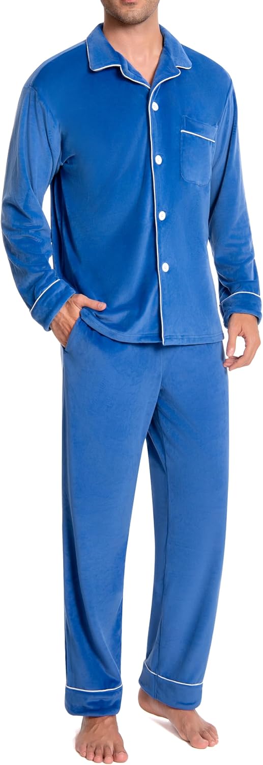 Mens Fleece Pajama Set Warm & No Bulky Notched Collar Long Sleeve Ultra Soft Sleepwear PJ Top & Bottom U20