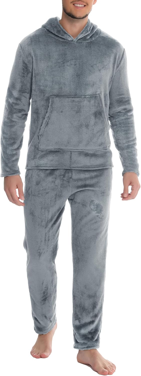 Mens Pyjamas Set, Warm & Soft Fleece Pj's Sets for Men with Fluffy Hoodie Loungewear with Pockets
