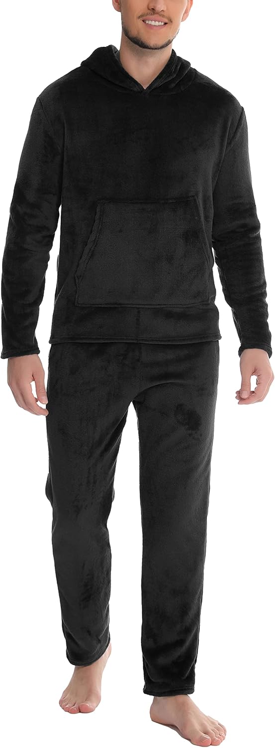 Mens Pyjamas Set, Warm & Soft Fleece Pj's Sets for Men with Fluffy Hoodie Loungewear with Pockets
