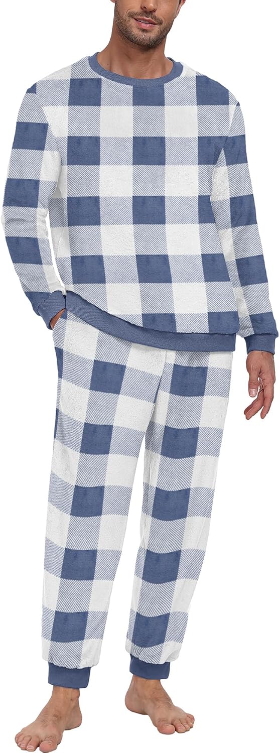Men's Pajamas Set - Winter Coral Fleece Long Sleeve Tops and Bottoms,Soft Plush Warm Loungewear With Pockets S-2XL