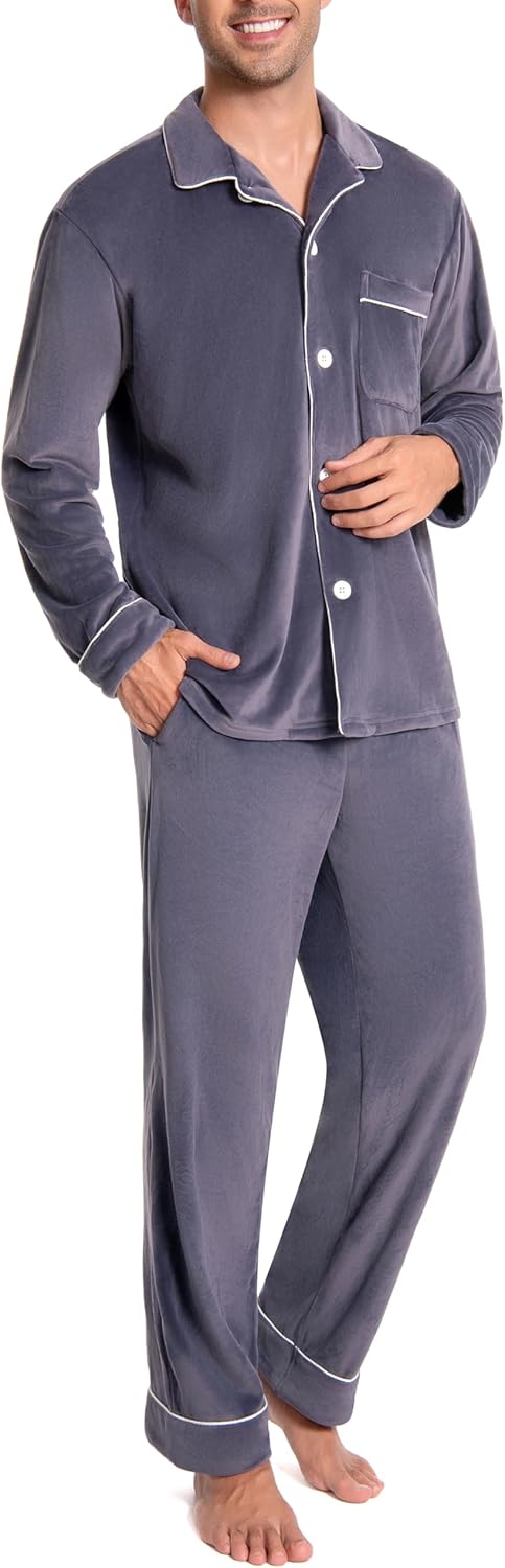 Mens Fleece Pajama Set Warm & No Bulky Notched Collar Long Sleeve Ultra Soft Sleepwear PJ Top & Bottom U20