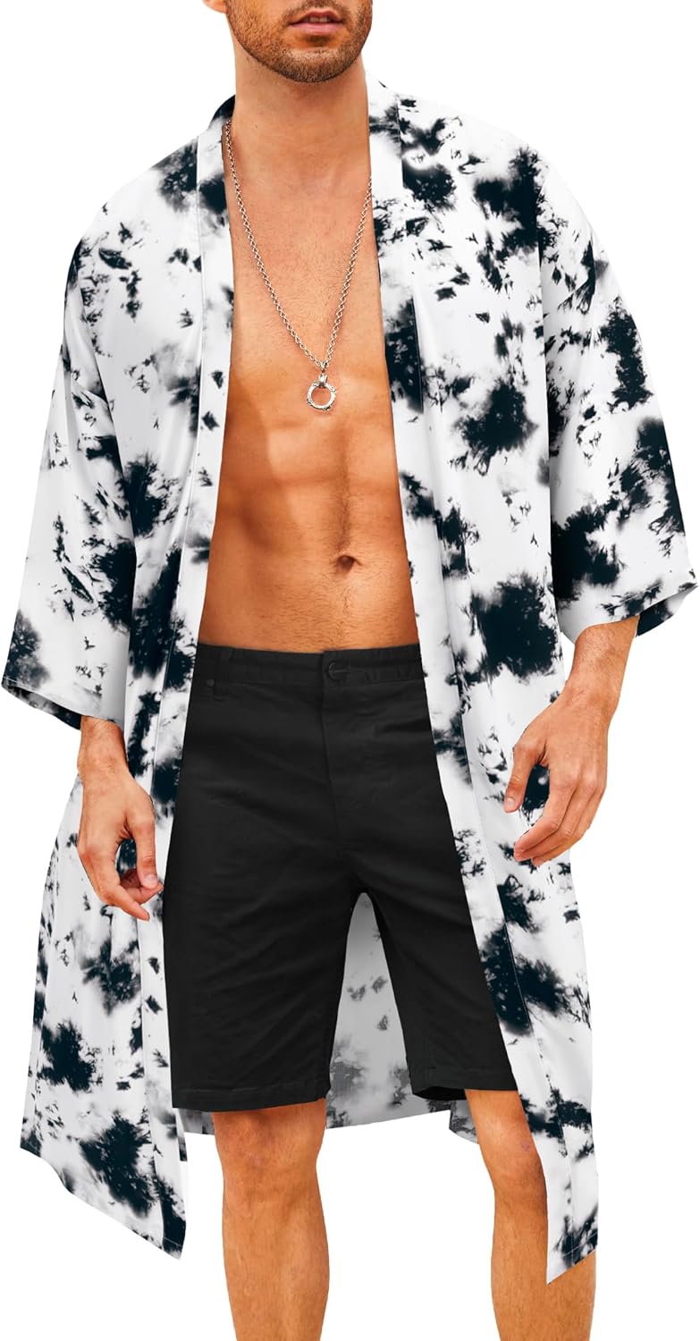 Men's Lightweight Kimono Robe Jacket Printed Japanese Style Bathrobes Casual Open Front Long Cardigan Coat Outwear