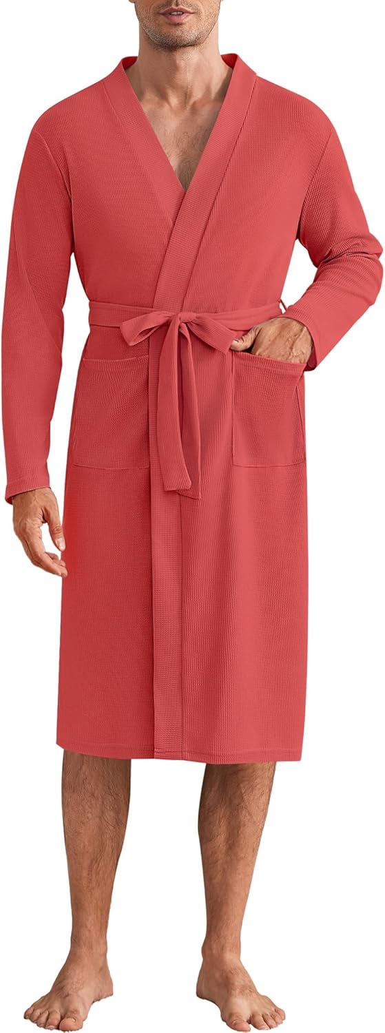 Mens Waffle Robe Lightweight Spa Bathrobe Knit Kimono Shower Robes V Neck Long Sleeve Sleepwear with Pockets