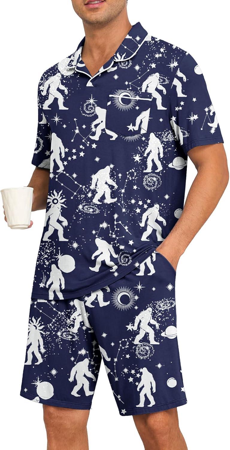Mens Pajamas Set Summer Pjs Sets Lightweight Short Sleeve Pajama Soft Sleepwear Loungewear with Pockets