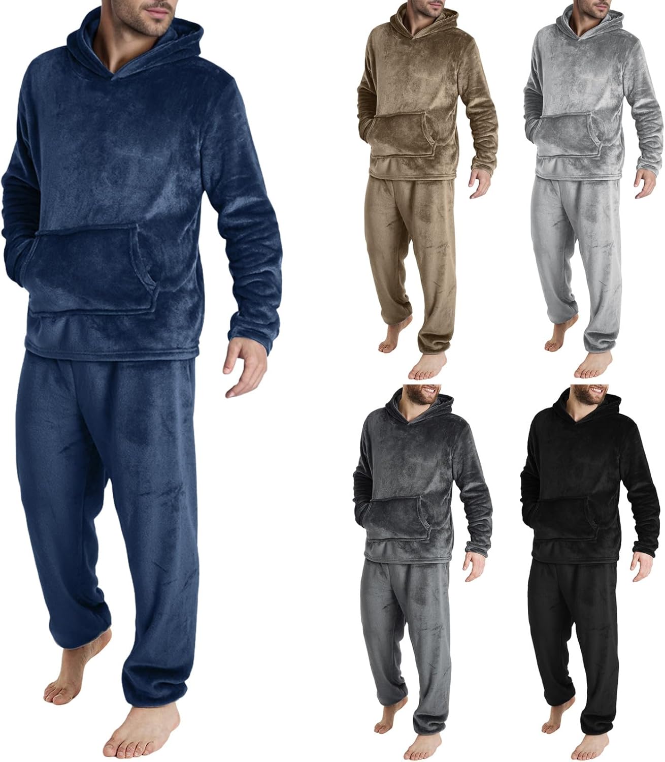 Mens Pajamas Set Flannel Fuzzy 2 Piece Lounge Set Thermal Outfit Fleece Loungewear Hoodies With Pockets Casual Pants