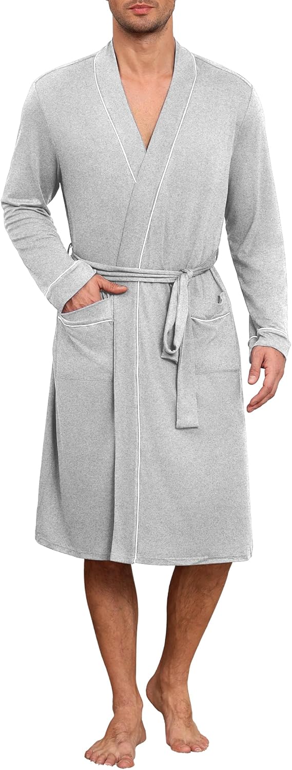 Mens Robes Lightweight Knit Bathrobe Long Sleeve Kimono Robe V Neck Spa Knee Length Sleepwear with Pockets S-XXL