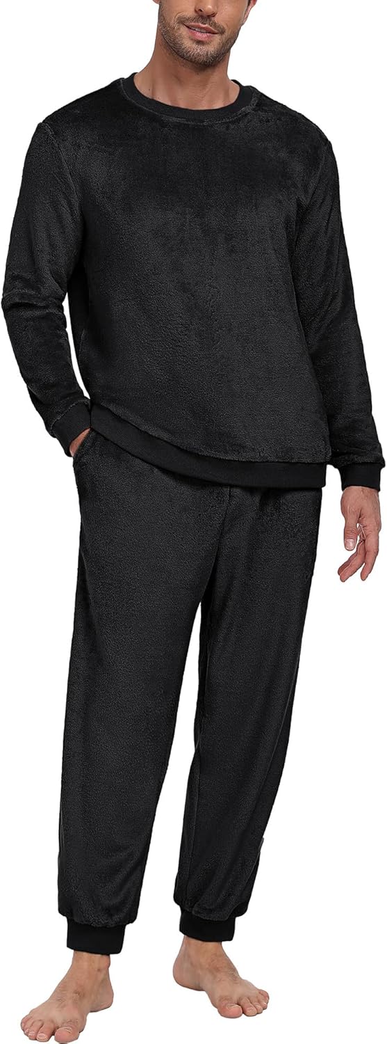Men's Pajamas Set - Winter Coral Fleece Long Sleeve Tops and Bottoms,Soft Plush Warm Loungewear With Pockets S-2XL
