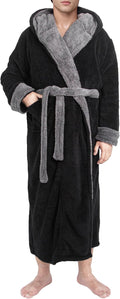 Mens Robe with Hood, Big and Tall Plush Fleece Long Robe for Men Full-Length Bathrobe Cozy and Warm With Pockets