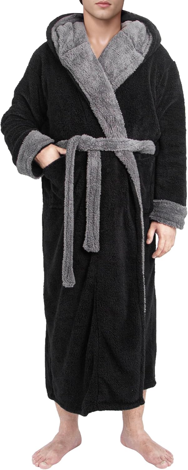 Mens Robe with Hood, Big and Tall Plush Fleece Long Robe for Men Full-Length Bathrobe Cozy and Warm With Pockets