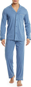 Mens Pajamas Set Soft Cotton Notched Collar Pajamas for Men Long Sleeve Mens Sleepwear with Pockets & Front Fly