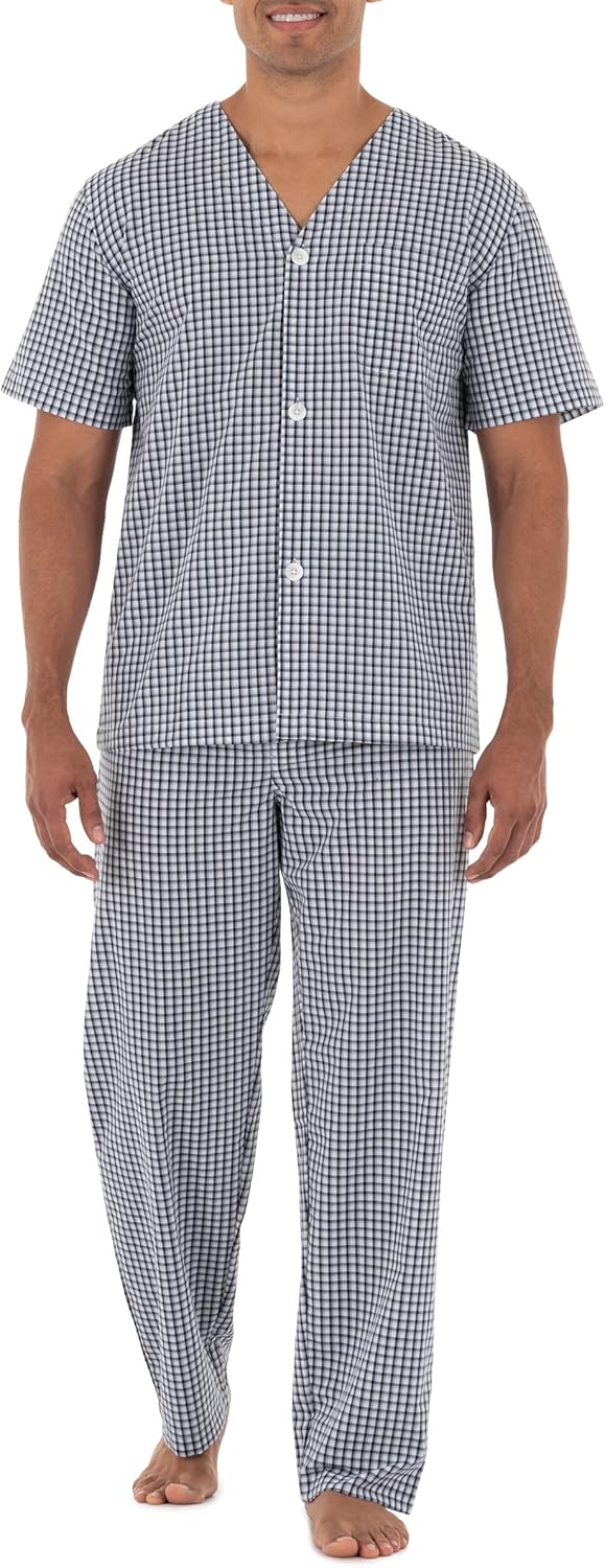 mens Broadcloth Short Sleeve Top and Long Pants Pajama Set