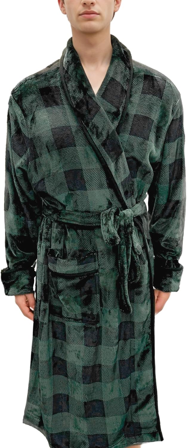 Luxury Men’s Plush Fleece Spa Bathrobe with Shawl Collar and Pockets - Cozy Velvet Soft, Mens Spa Long Robe